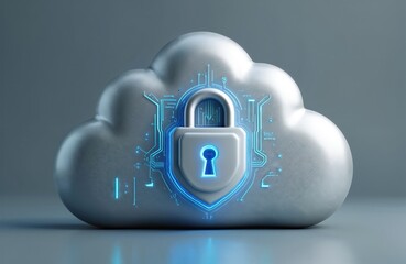 Aufkleber - 3D render of metallic cloud with shield, padlock, lightnings. Secure data storage, privacy, digital protection, encryption tech. Cyber safety, network access, firewall password system. Info database