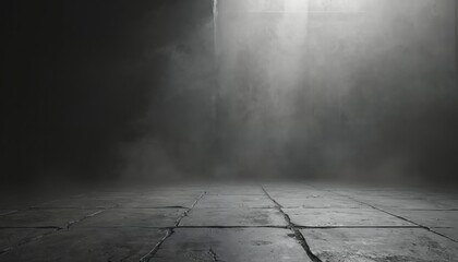 Poster - Dark concrete floor with mist, fog. Black, grey colors. Abstract mysterious interior space for product placement dark scene background. Rough cracked surface, haze, dirty old weathered material.