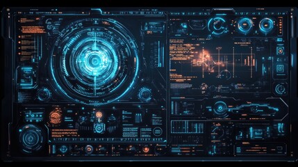 A futuristic user interface panel showing complex technological data display