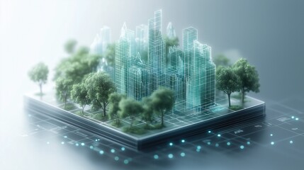 Sticker - a cityscape with a green forest in the background