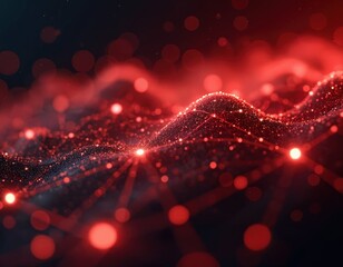 Fototapete - Abstract red network of interconnecting lines, dots against black background, representing modern connectivity. Digital data flow, tech system speed, coding infrastructure. Innovation analysis for