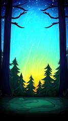 Wall Mural - Forest scenery Trees stand tall under an aurora with gradient skies and stars overhead at night