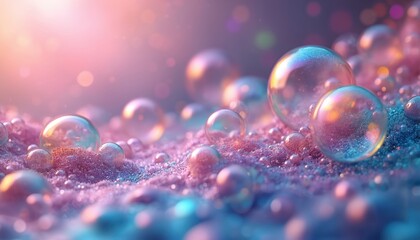 Poster - Abstract background with small, large soap bubbles. Transparent spheres with rainbow colors. Round glossy soft balls show creativity, purity, air, elegance. Playful motion adornment on grainy blue,