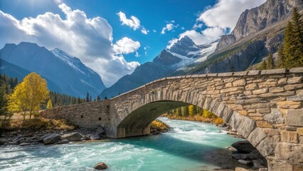 A stone bridge arches over a glacial river, its stonework weathered and textured by the elements.