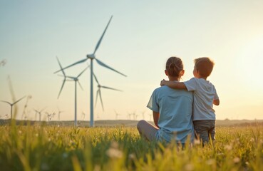 woman embraces son looking at wind farm turbines sitting in meadow field. green energy transition. f