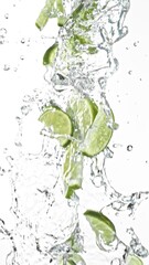 Poster - Fresh limes slices falling in water splashes, isolated on white background.