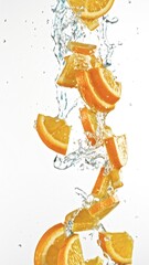 Poster - Fresh oranges slices falling in water splashes, isolated on white background.