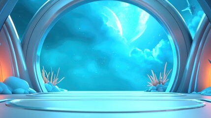Wall Mural - Futuristic portal, night sky view, turquoise interior