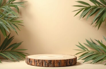 Aufkleber - Wood slice podium on beige background, product mockup. Green leaves frame pedestal. Natural light, eco concept, organic style. Mock up scene for cosmetic, beauty product presentation, advertising