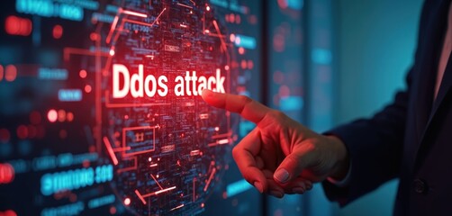 Fototapete - Close up of man finger touching digital screen with DDoS attack alert. Holographic interface, cybersecurity threat, network protection. Cybercrime, online security measures, digital defense.