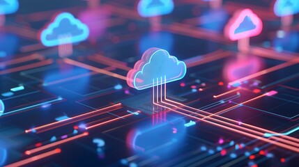 Abstract digital representation of cloud computing with vibrant colors and glowing connections on a dark background