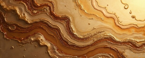 Poster - Abstract fluid art background with golden, bronze, brown colors. Liquid marble effect. Acrylic painting with lines, gradient, wavy swirls, glitter. Luxury artistic texture wallpaper for elegant
