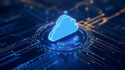 Wall Mural - blue cloud icon on abstract digital circuit background with glowing elements for technology concepts