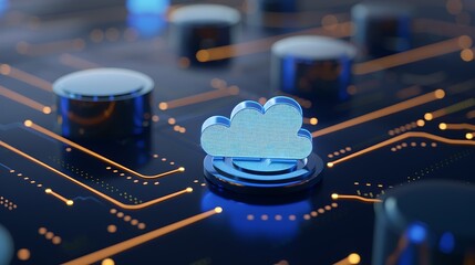 Wall Mural - blue cloud icon on circuit board background with digital interface and creative technology concept