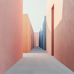 Wall Mural - long hallway with pink and orange walls. the hallway is empty and the walls are painted in different
