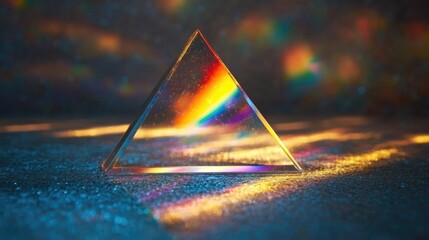A transparent prism refracts light into a colorful spectrum