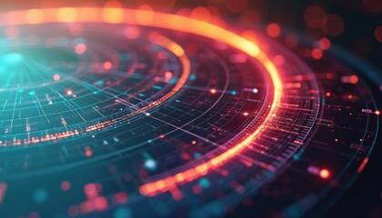 Fototapete - Radar chart displays investment portfolio diversity. Managing risk distribution with advanced tech, vivid color. Modern abstract side view tech design, great wallpaper for tech presentations.