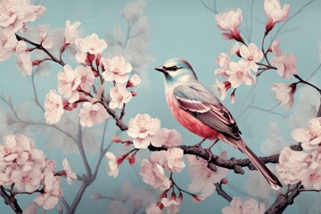 Naklejka na meble A Delicate Bird Perched on a Branch of Cherry Blossoms in a Soft Blue Sky