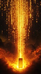 Wall Mural - a glowing yellow box with a glowing yellow line coming out of it. the box is surrounded by fire and 