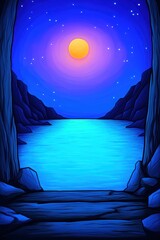 Wall Mural - Glowing moon illuminates lake viewed from dark cave, starry night