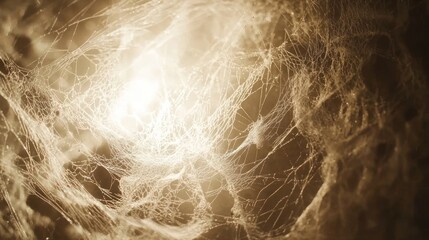 Close-up of a large, intricate spiderweb with a bright light source in the background.