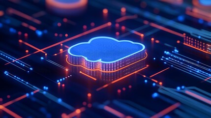 Wall Mural - digital cloud icon on futuristic circuit board with neon lights and high-tech elements