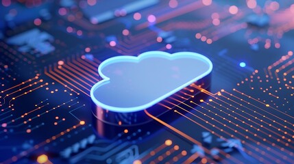 Wall Mural - digital cloud icon over futuristic circuit board with orange and blue lighting effects and technolog