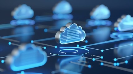Digital cloud network with illuminated cloud icons and data flow connections on a futuristic background