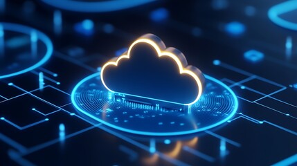 Wall Mural - digital cloud technology icon with glowing edges on a futuristic data interface background in blue t