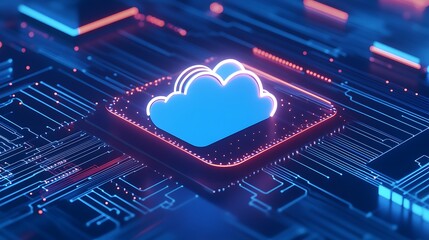 Wall Mural - digital cloud technology illustration with artistic neon effects on circuit board background