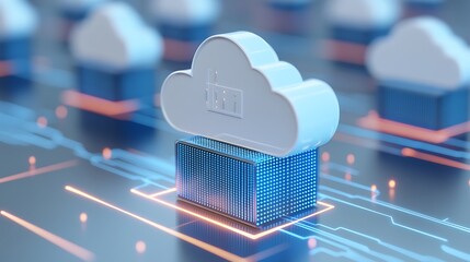 Wall Mural - digital cloud technology representation with 3d elements and data processing background for innovati