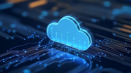 Wall Mural - futuristic cloud computing concept with digital network connections and glowing blue cloud symbol