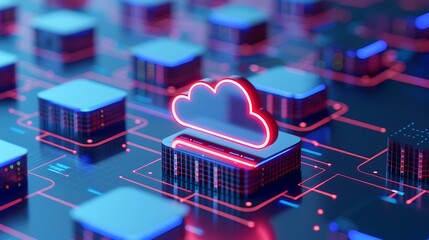 Wall Mural - futuristic cloud computing concept with neon lights and data grids representing digital technology i