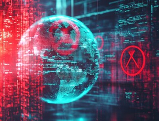 A computer screen shows a blue and red globe with a red X on it