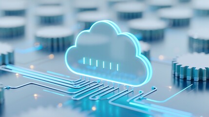 Wall Mural - futuristic cloud storage icon over circuit board background with blue neon light effect and technolo