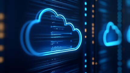 Wall Mural - futuristic digital cloud network technology with neon blue light and data lines on dark background