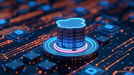 Wall Mural - futuristic digital data storage with neon elements on circuit board background in blue and orange to