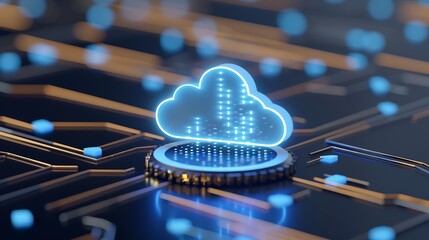 Wall Mural - glowing cloud icon on circuit board with digital connections and blue particles representing data tr