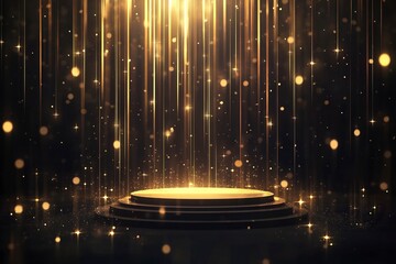 Wall Mural - vector illustration of a podium pedestal with golden light rays and bokeh lights on a dark backgroun