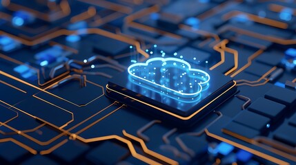 Wall Mural - neon cloud icon on circuit board background with blue and orange light effects in digital technology