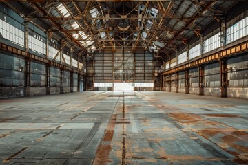  Dark rusted industrial interior of an old hangar building. High definition photo