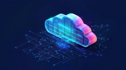 Isometric Pixelated Neon Cloud Structure On Dark Blue Background Representing Digital Technology