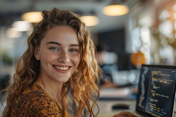 Close-Up of Happy Female Programmer Coding on Laptop in Contemporary Office Setting