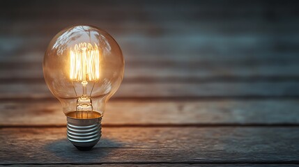 Wall Mural - Glowing vintage light bulb on wooden surface warm ambiance