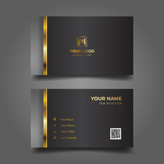 Elegant gold-accented business card design, grey background, contact info, QR code