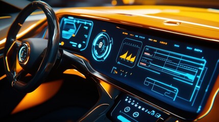 Modern futuristic vehicle interior shows steering wheel and dashboard display