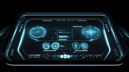 The glowing futuristic vehicle cockpit control panel displays important information