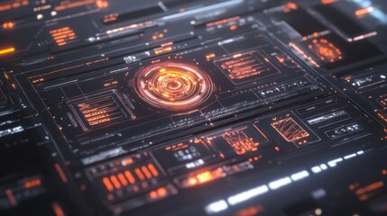 Glowing orange digital interface displaying futuristic data and information
