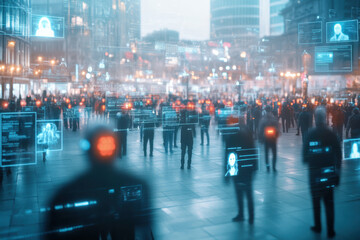 A high-tech security room displays multiple CCTV feeds of a bustling public square. Facial recognition AI identifies individuals, enhancing surveillance precision and public safety measures.
