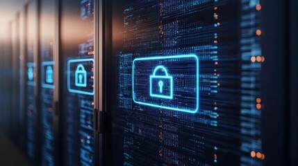 Digital Server Rack With Glowing Blue Lock Icons Representing Data Security And Online Protection